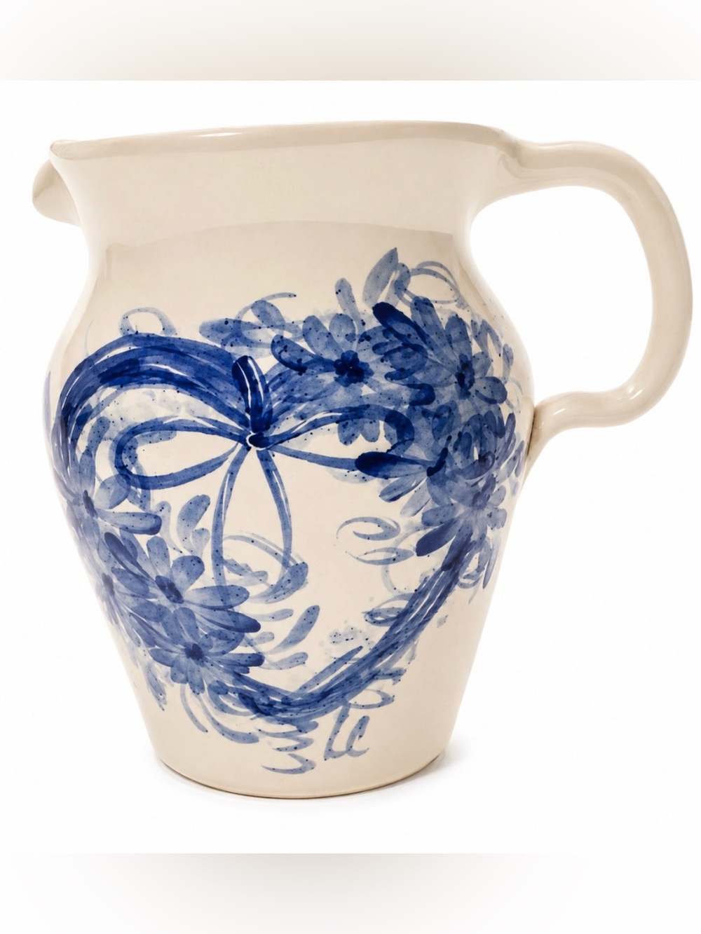 Casey Pottery Stoneware Pitcher w Cobalt Blue Heart Wreath Hand painted Signed